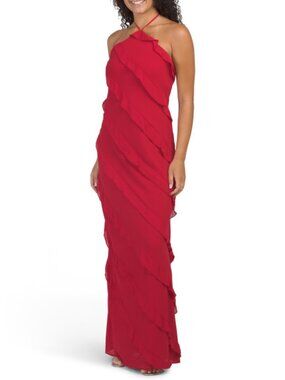 MORGAN Red Chiffon Texture Ruffle Detail Halter Neck Dress